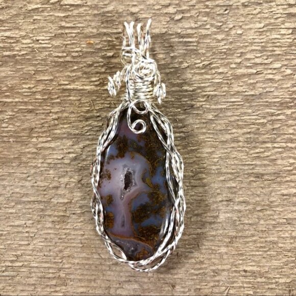 Pink Moss Agate w/Geode Wire Wrapped Necklace Pendant - Picture 1 of 6